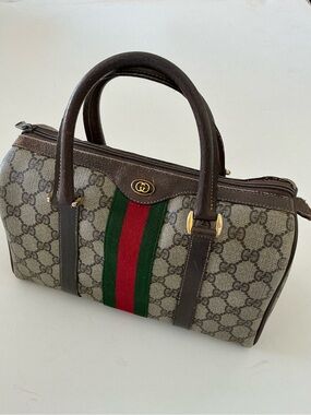 Gucci  Vintage GG Supreme Boston Bag Web Stripe Satchel Brown Monogram